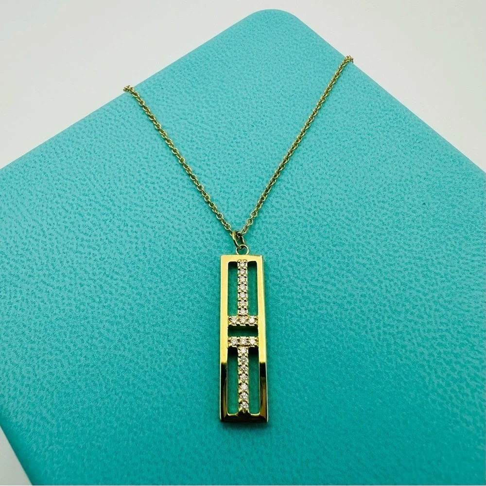 Tiffany & Co. 18K Yellow Gold Diamonds Vertical Bar Pendant Necklace 16”-18”